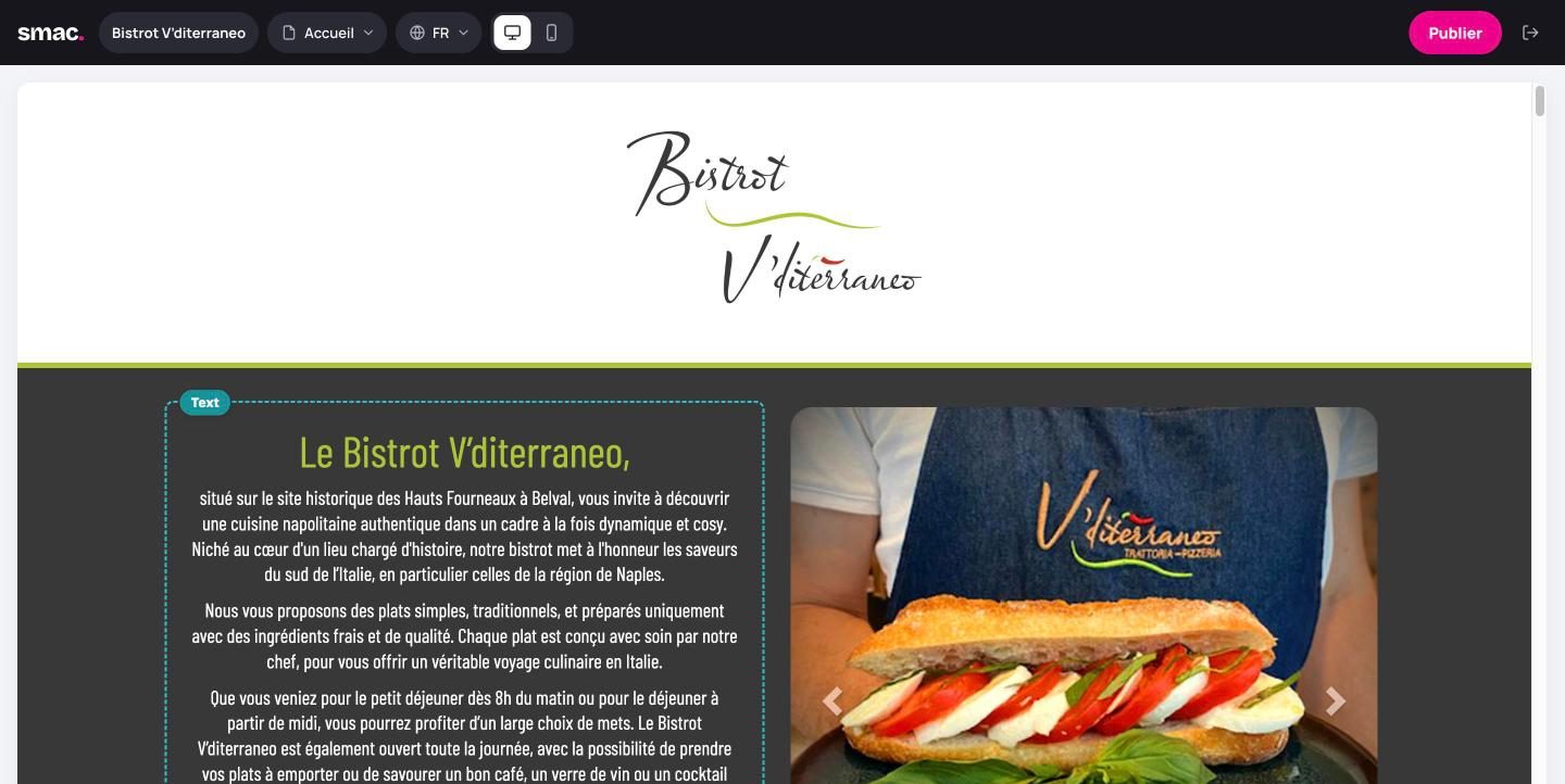 L'éditeur SMAC ouvert sur le site du Bistrot V'diterraneo : un bloc de texte entouré, prêt à être modifié.